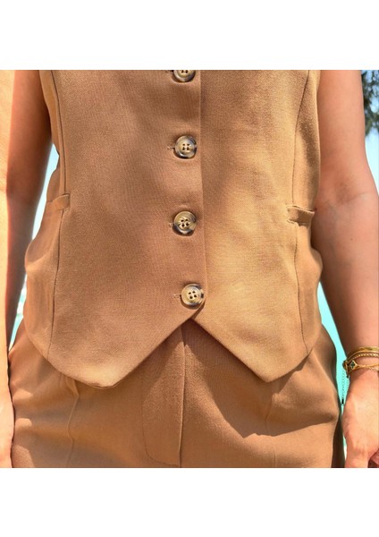 Kahve Haki Şort Yelek Takım