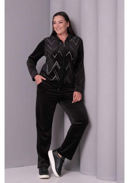 Kadın Büyük Beden Siyah, Kapüşonlu Taş Işli Kadife Eşofman Takım 65N39181