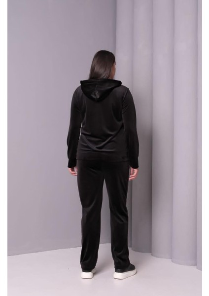 Kadın Büyük Beden Siyah, Kapüşonlu Taş Işli Kadife Eşofman Takım 65N39181 fiyatları