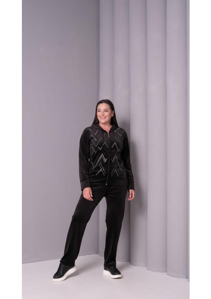 Kadın Büyük Beden Siyah, Kapüşonlu Taş Işli Kadife Eşofman Takım 65N39181 fırsatları