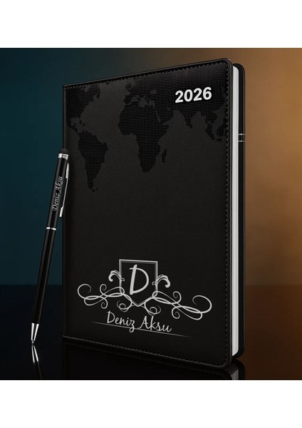 Kişiye Özel Isimli Termo Sert Kapak 2026 Siyah Ajanda & Kalem -10, Öğretmenler Günü Hediyesi, Yeni Iş Hediyesi