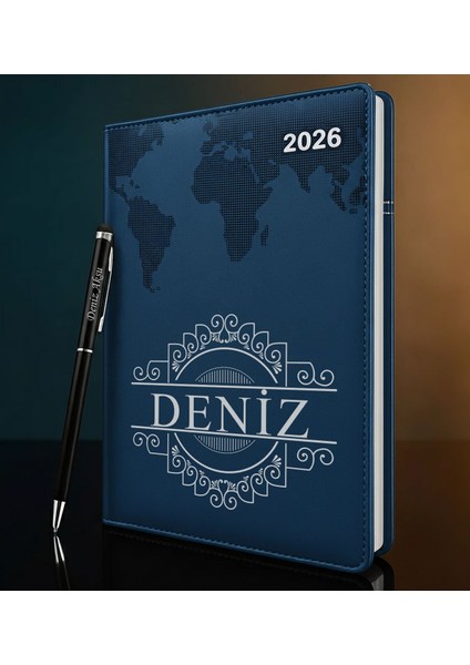 Kişiye Özel Isimli Termo Sert Kapak 2026 Lacivert Ajanda & Kalem -12, Öğretmenler Günü Hediyesi, Yeni Iş Hediyesi