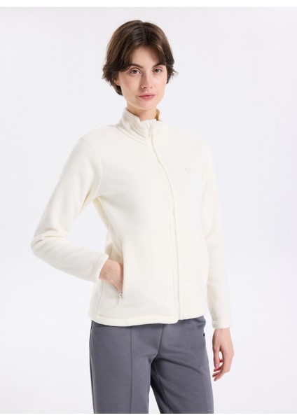 D5WL-SWT3303 Beyaz Dik Yaka Basic Düz Kadın Polar Sweatshırt