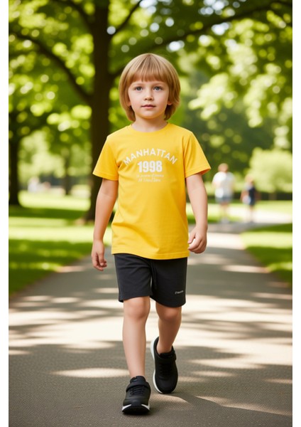 Erkek Çocuk Spor Şehir Baskılı Pamuklu T Shirt ve Şort Takımı Kaliteli Şık Rahat