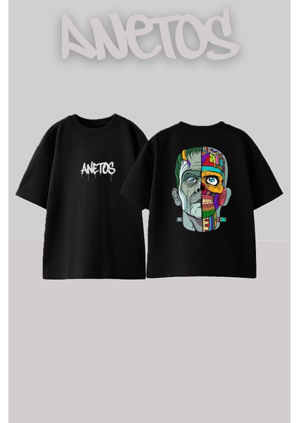 Frank Tasarım Sırt Baskılı Pamuk Siyah Oversize T-Shirt