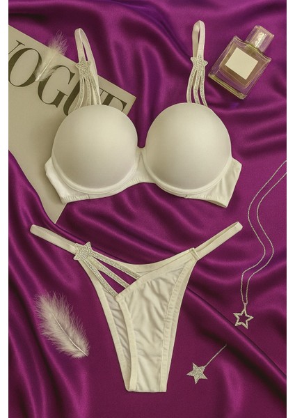 Taş Detaylı Beyaz Push Up Sütyen Takımı