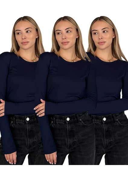 Kadın Uzun Kollu Bisiklet Yaka Penye Body 3'lü Set