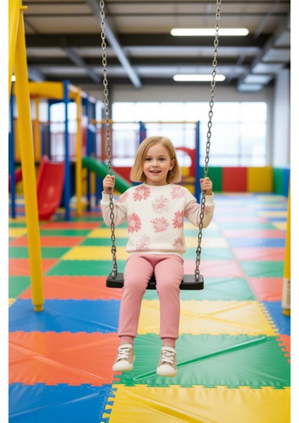 Kız Çocuk Pamuklu Örme Takım Çiçek Baskılı Sweatshirt ve Eşofman Altı Kaliteli Şık Rahat