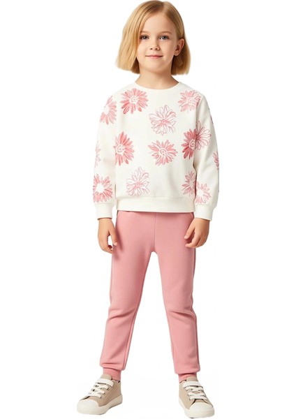 Kız Çocuk Pamuklu Örme Takım Çiçek Baskılı Sweatshirt ve Eşofman Altı Kaliteli Şık Rahat fiyatları