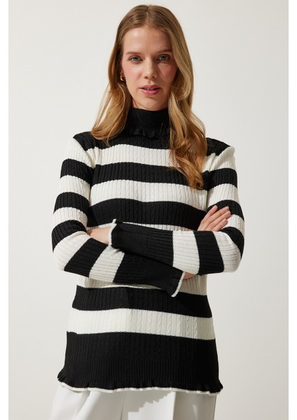 Balıkçı Yaka Fırfırlı Çizgili Triko Kazak LDD0046 Siyah Ekru
