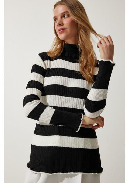Balıkçı Yaka Fırfırlı Çizgili Triko Kazak LDD0046 Siyah Ekru fiyatları