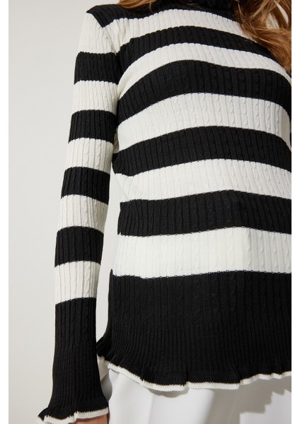 Balıkçı Yaka Fırfırlı Çizgili Triko Kazak LDD0046 Siyah Ekru modelleri