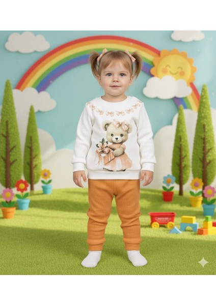 Kız Bebek Ayıcık Baskılı Çıt Çıtlı Alt Üst Ikili Gündelik Takım 6-18 Ay