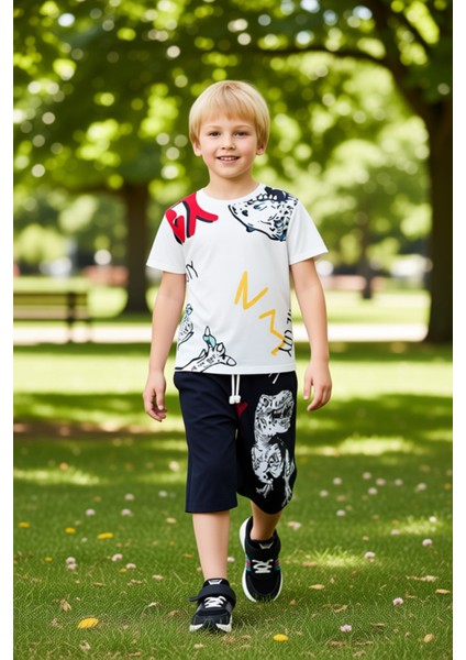 Erkek Çocuk Dinozor Baskılı Pamuklu Kısa Kollu Üst ve Şort Seti Kaliteli Şık Rahat modelleri