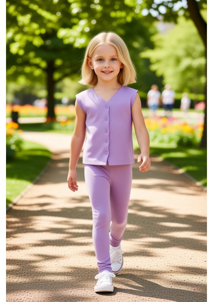 Kız Çocuk V Yaka Düğmeli Fitilli Yelek ve Esnek Tayt Takımı Kaliteli Şık Rahat