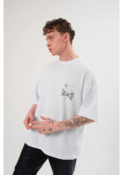 Unisex Bisiklet Yaka Baskılı Oversize T-Shirt - Beyaz fiyatları