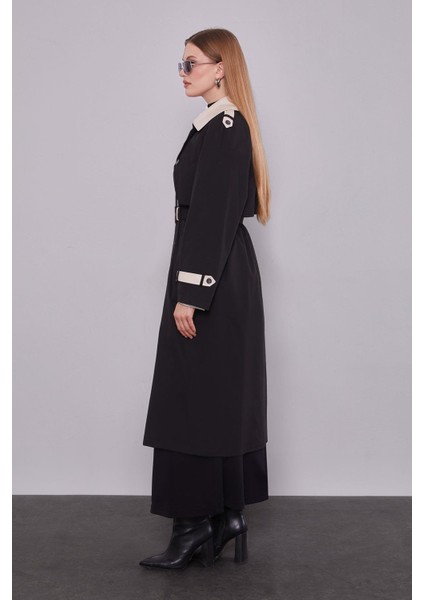 Siyah Deri Kumaş Detaylı Trençkot modelleri