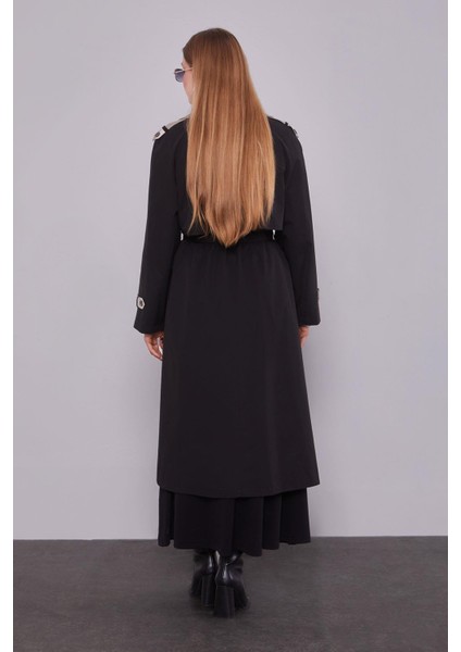 Siyah Deri Kumaş Detaylı Trençkot fırsatları