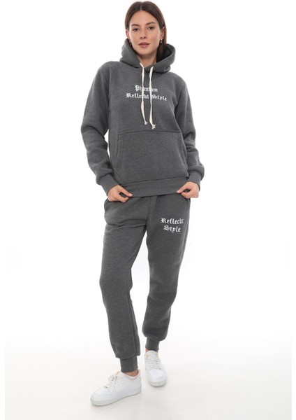 Kadın Kapüşonlu Kanguru Cep Şardonlu 3 Iplik Kışlık Içi Polarlı Günlük Eşofman Takım