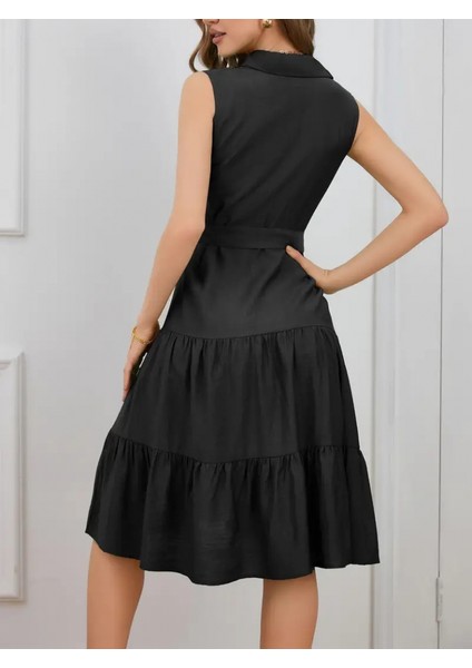 Kadın Kısa Kollu Gömlek Yaka Düğmeli Beli Kuşaklı Katlı Dokuma Midi Elbise modelleri