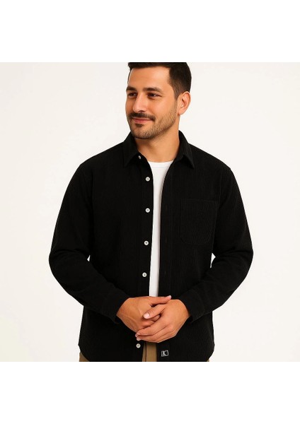 Erkek Fitilli Kadife Cepli Gömlek Oversize Rahat Kalıp - Siyah fırsatları
