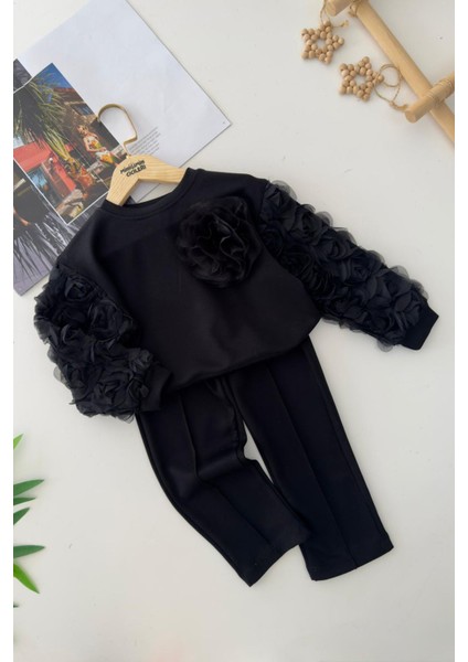 Kolları Gül Detaylı Kız Çocuk Çimalı 2 li takım - Siyah