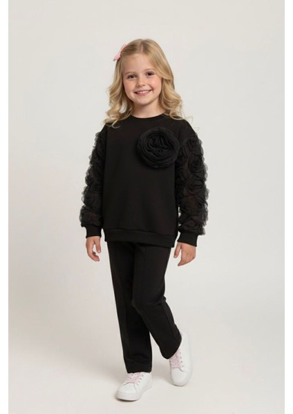 Kolları Gül Detaylı Kız Çocuk Çimalı 2 li takım - Siyah fiyatları
