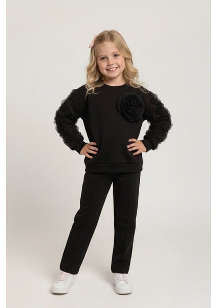 Kolları Gül Detaylı Kız Çocuk Çimalı 2 li takım - Siyah modelleri