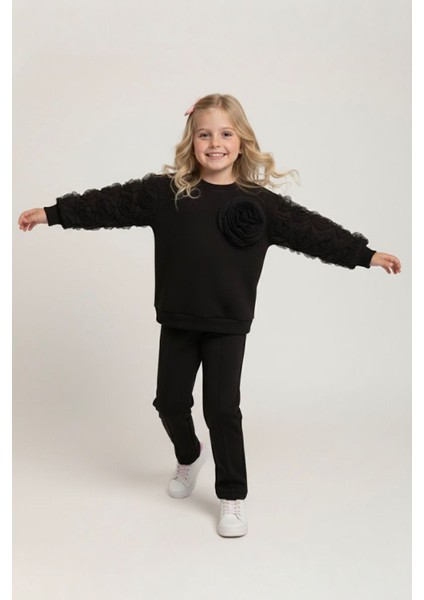 Kolları Gül Detaylı Kız Çocuk Çimalı 2 li takım - Siyah fırsatları