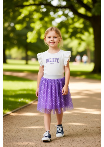 Kız Çocuk Baskılı Kısa Kollu Üst ve Tül Etek Takımı Kaliteli Şık Rahat Günlük
