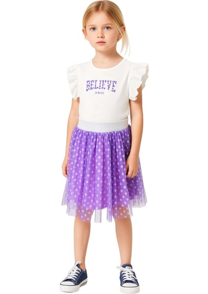 Kız Çocuk Baskılı Kısa Kollu Üst ve Tül Etek Takımı Kaliteli Şık Rahat Günlük fırsatları