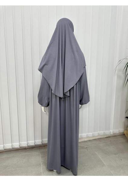 Çocuk Namaz Elbisesi Hazır Eşarbı ile Takım Gri Renk modelleri