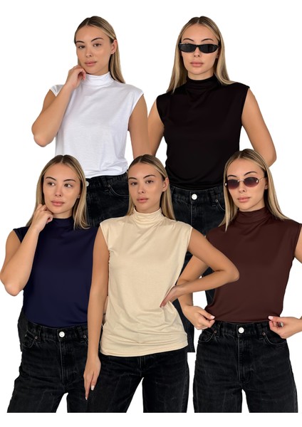 Kadın Sıfır Kol Boğazlı Body 5'li Set -Siyah Beyaz Bej Kahverengi Lacivert