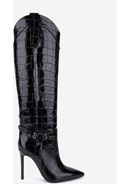 Kadın Hakiki Deri Siyah Kroko Topuklu Çizme 1096 9297 Bn Czm SK25-26 Sıyah Kroko