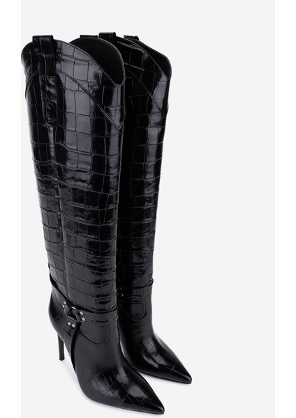 Kadın Hakiki Deri Siyah Kroko Topuklu Çizme 1096 9297 Bn Czm SK25-26 Sıyah Kroko fiyatları