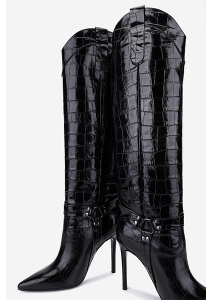 Kadın Hakiki Deri Siyah Kroko Topuklu Çizme 1096 9297 Bn Czm SK25-26 Sıyah Kroko fırsatları