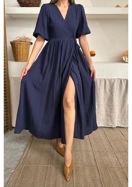 Lacivert Müslin Uzun Elbise fırsatları