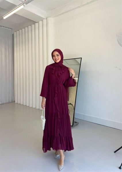 5729 Yaka Alt Volanlı Ön Boydan Fırfırlı Şifon Elbise