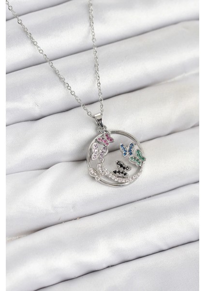 316L Çelik Zincir Gümüş Renk Zirkon Taşlı Kelebekli Kadın Kolye