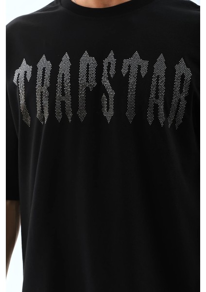 Unisex Oversize Taşlı Bisiklet Yaka T-Shirt - Siyah modelleri