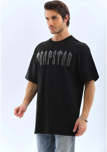 Unisex Oversize Taşlı Bisiklet Yaka T-Shirt - Siyah fırsatları