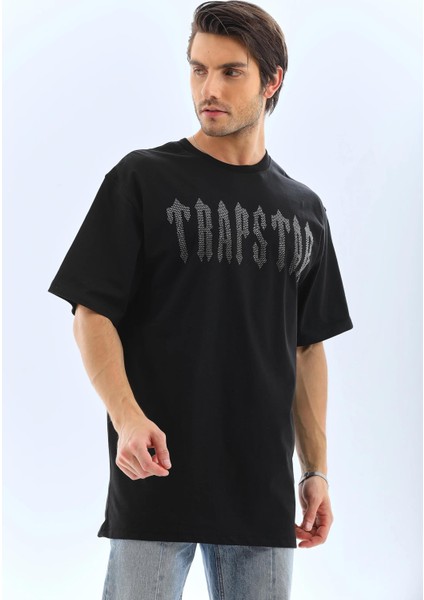 Unisex Oversize Taşlı Bisiklet Yaka T-Shirt - Siyah indirimleri