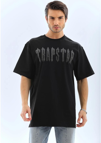 Unisex Oversize Taşlı Bisiklet Yaka T-Shirt - Siyah