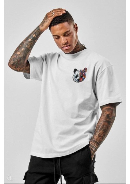 Unisex Baskılı Oversize T-Shirt - Beyaz