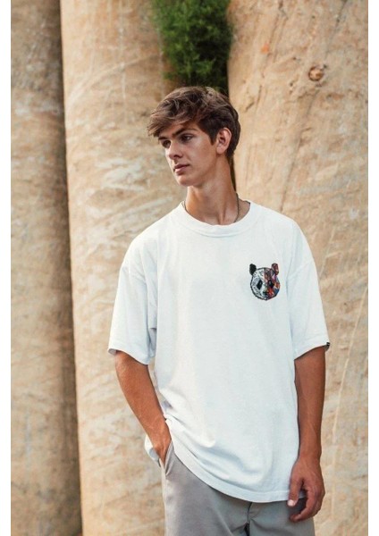 Unisex Baskılı Oversize T-Shirt - Beyaz modelleri