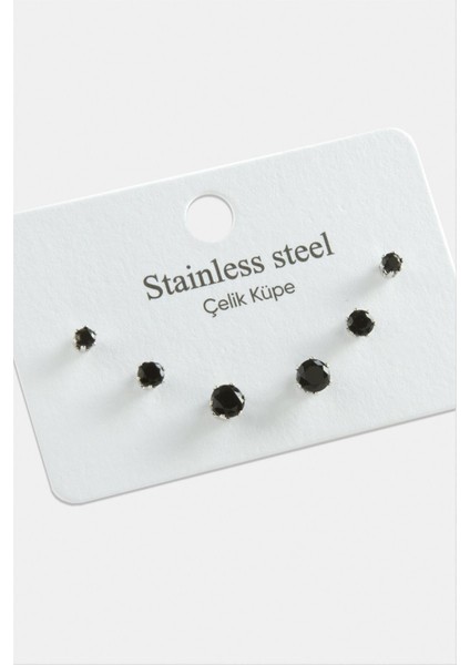 6 Adet Yuvarlak Zirkon Tek Taşlı Çelik Küpe