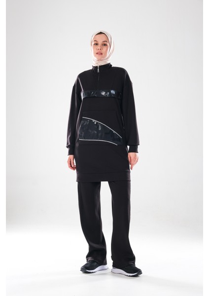 2280_KADIN Fermuarlı Dik Yaka, Gümüş Biye Detaylı, Spor Eşofman Takımı–kanguru Cep, Şeritli Pantolon