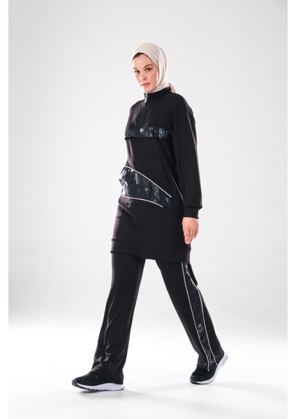 2280_KADIN Fermuarlı Dik Yaka, Gümüş Biye Detaylı, Spor Eşofman Takımı–kanguru Cep, Şeritli Pantolon fiyatları