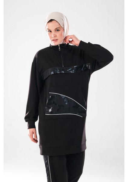 2280_KADIN Fermuarlı Dik Yaka, Gümüş Biye Detaylı, Spor Eşofman Takımı–kanguru Cep, Şeritli Pantolon modelleri