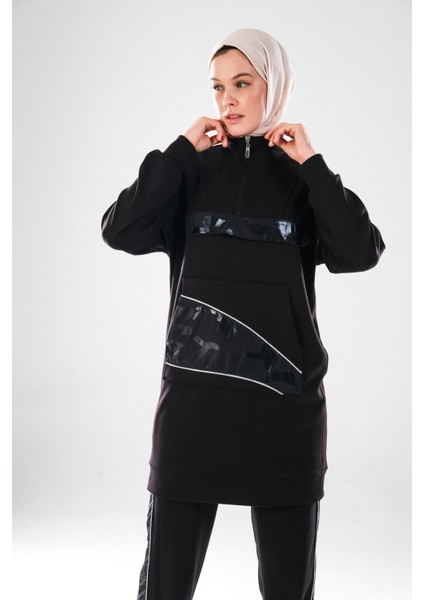 2280_KADIN Fermuarlı Dik Yaka, Gümüş Biye Detaylı, Spor Eşofman Takımı–kanguru Cep, Şeritli Pantolon fırsatları